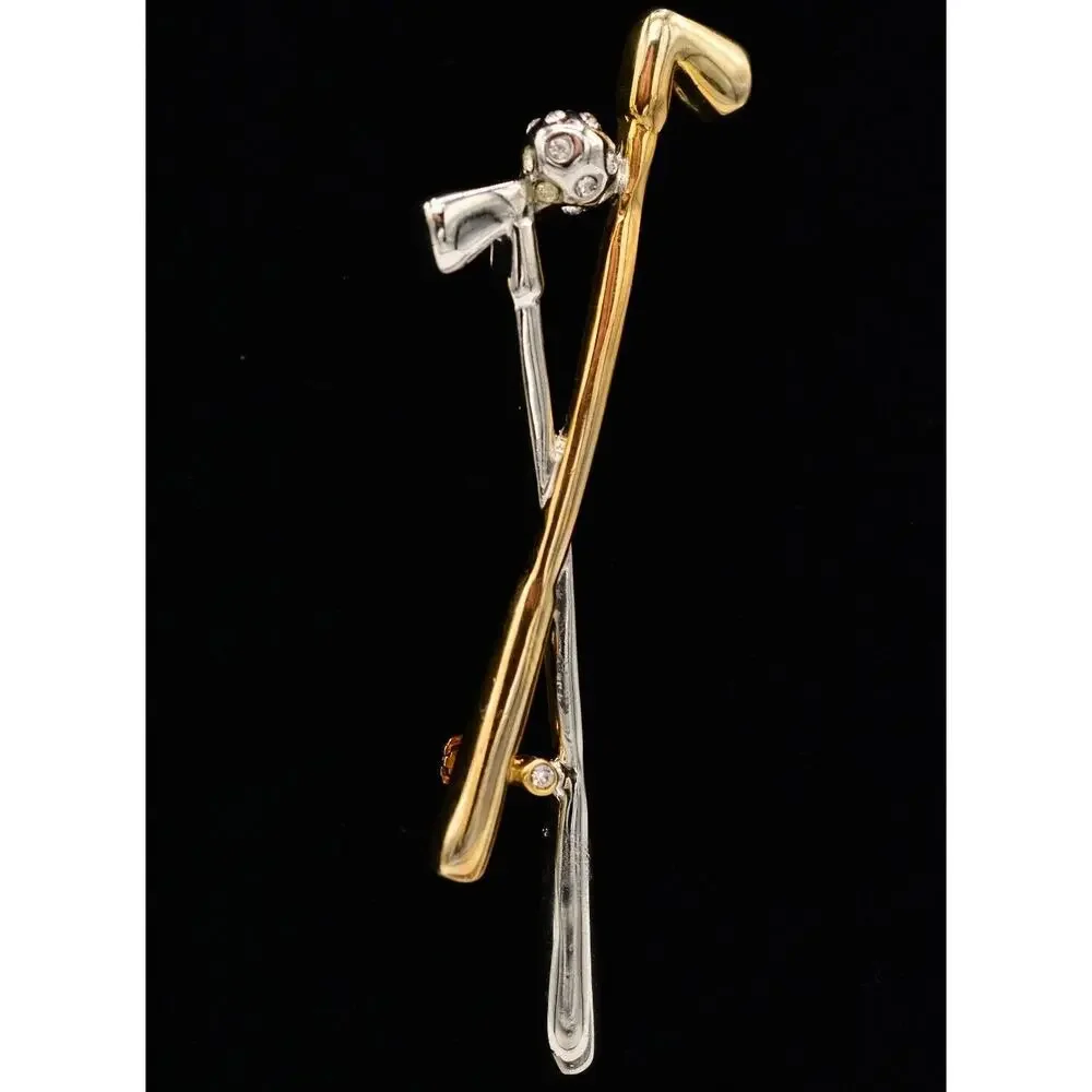 Vintage Golf Club Pin Brooch Call Crossed Gold Silver Two Tone 1980s Bin5A